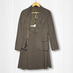EUC Theory Wool Gabe B Tailor Blazer and Pleated Skirt Suit Set Womens 4 Brown